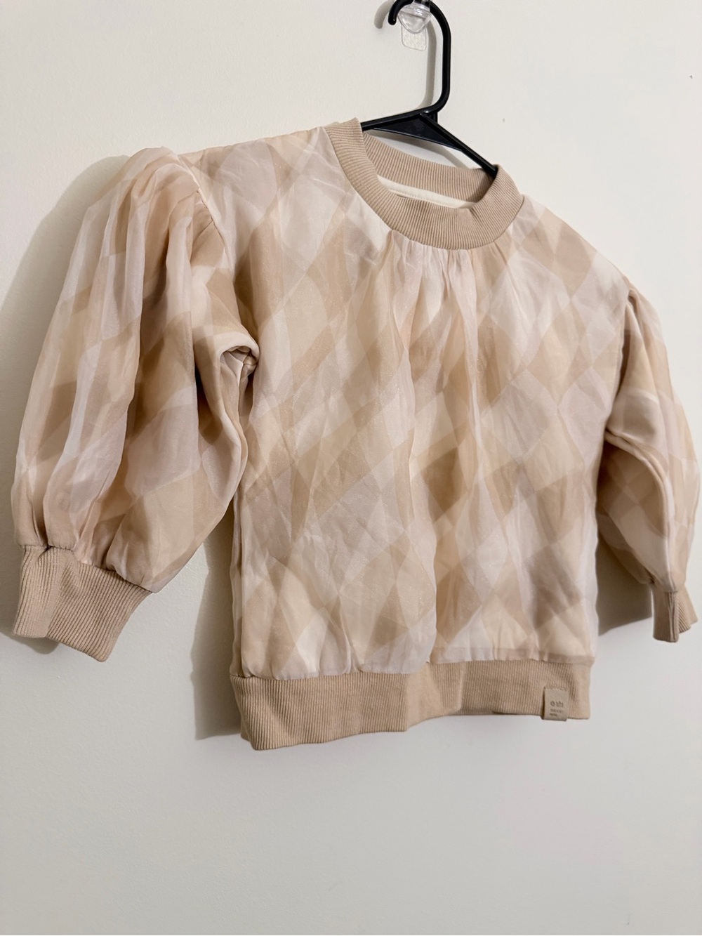 Omamimini Beige Diamond-Print Puff Sleeve Sweatshirt